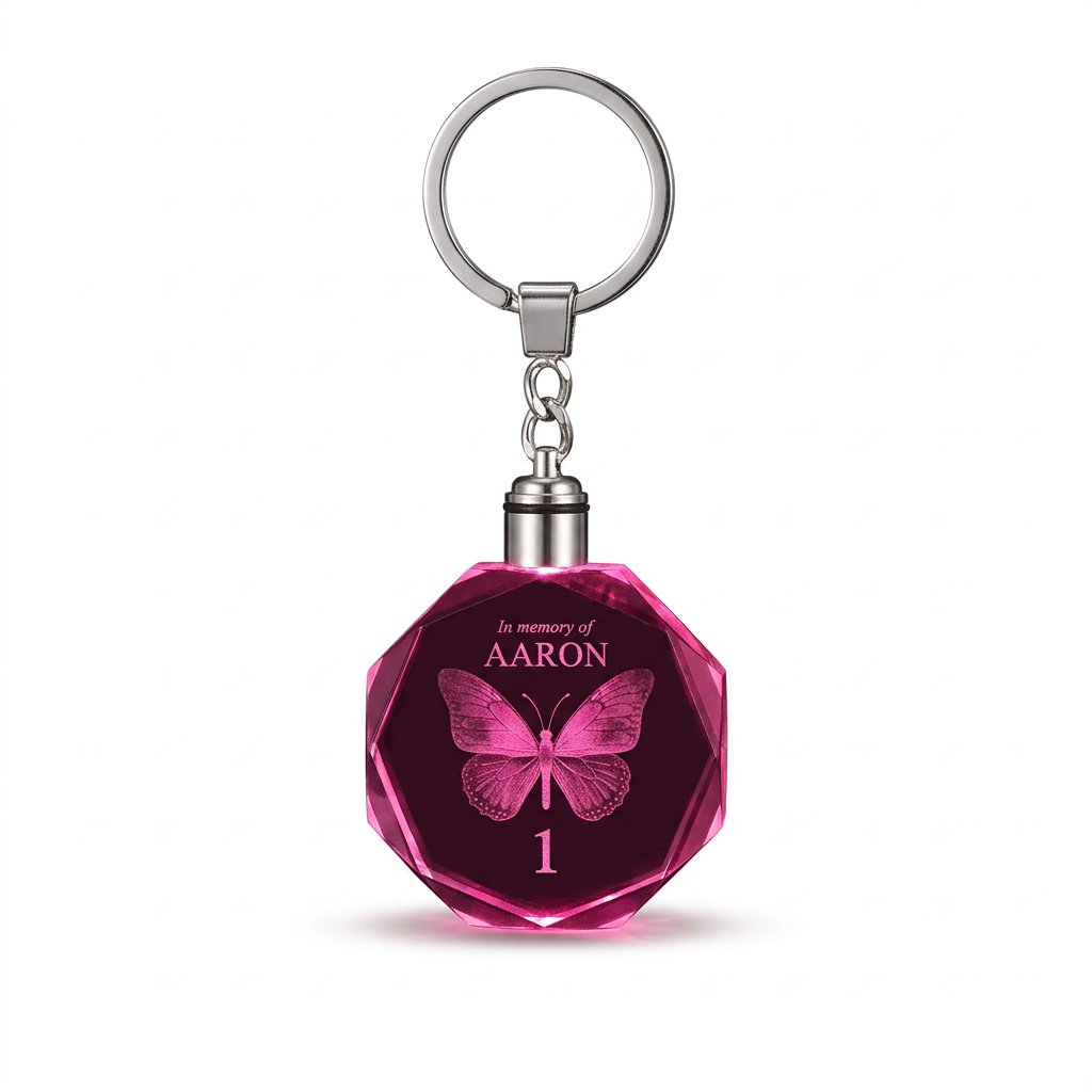 Pink memorial keychain on white